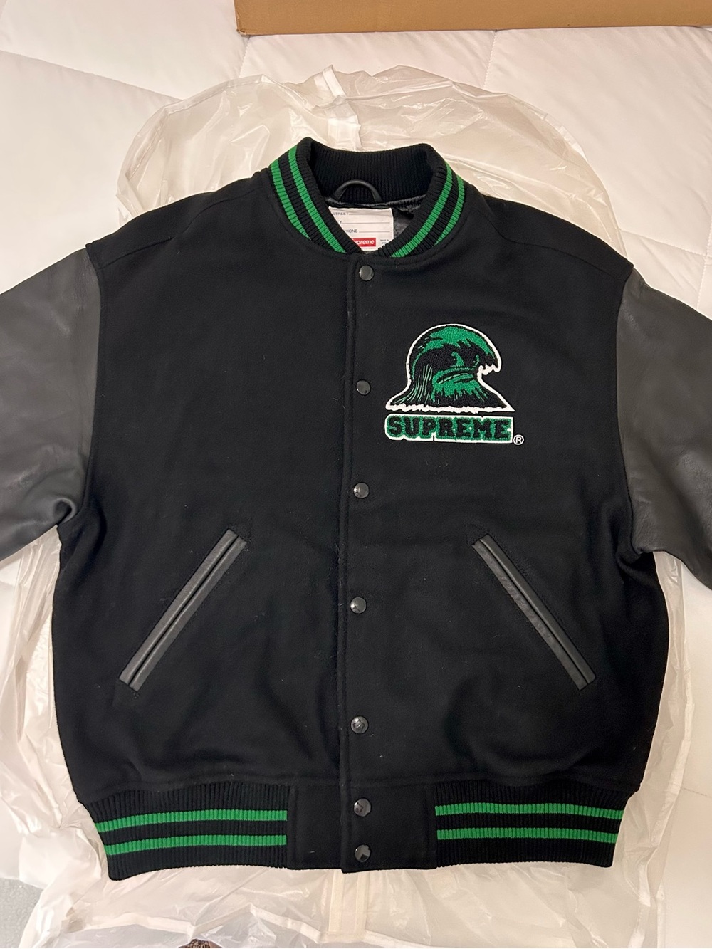 Supreme Black and Green Wave Logo Varsity Jacket
